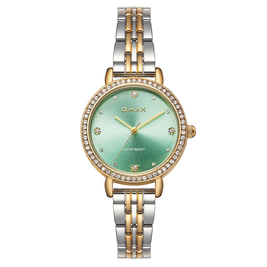 Omax Women’s Watch, Green Dial With Crystal Bezel, Gold Stainless Steel Band, Water Resistant