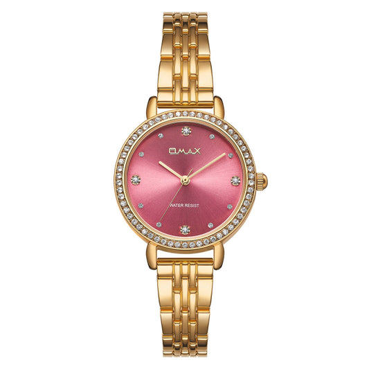 Omax Women’s Watch, Purple Dial With Crystal Bezel, Gold Stainless Steel Band, Water Resistant
