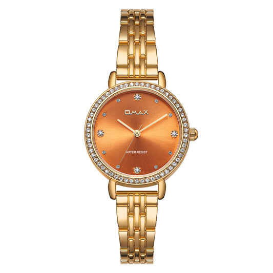 Omax Women’s Watch, Orange Dial With Crystal Bezel, Gold Stainless Steel Band, Water Resistant