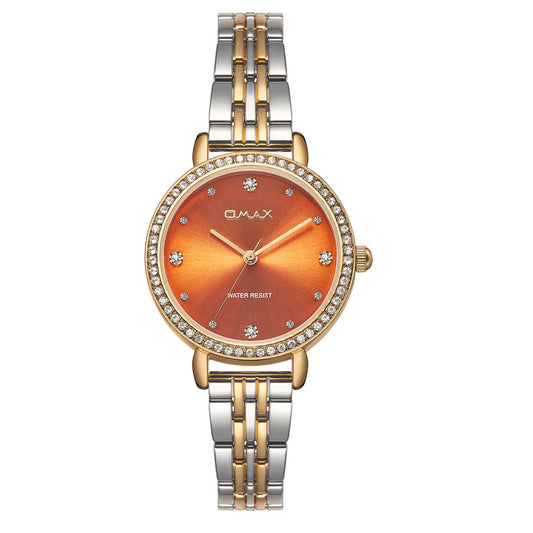 Omax Women’s Watch, Orange Dial With Crystal Bezel, Dual Tone Stainless Steel Band, Water Resistant