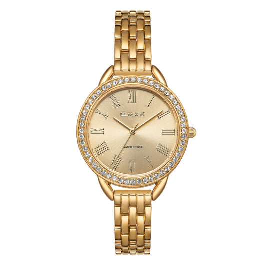 Omax Gold Women’s Watch, Roman Numerals Dial, Crystal Bezel, Stainless Steel, Water Resistant