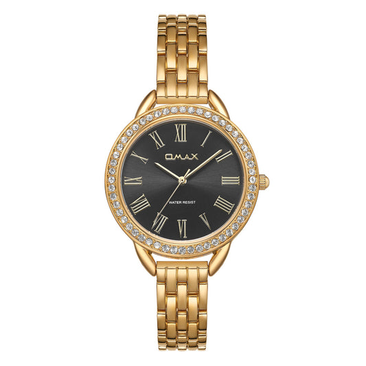 Omax Women’s Watch, Roman Numerals Black Dial, Crystal Bezel, Stainless Steel, Water Resistant