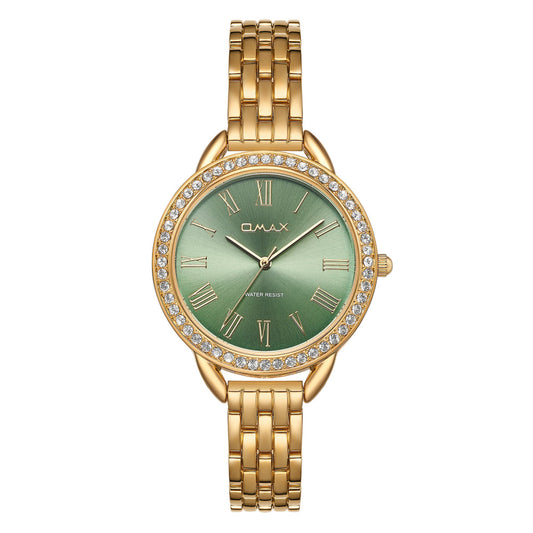 Omax Women’s Watch, Roman Numerals Green Dial, Crystal Bezel, Stainless Steel, Water Resistant