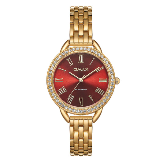 Omax Women’s Watch, Roman Numerals Red Dial, Crystal Bezel, Stainless Steel, Water Resistant
