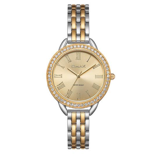 Omax Dual Tone Women’s Watch, Roman Numerals Gold Dial, Crystal Bezel, Stainless Steel, Water Resistant