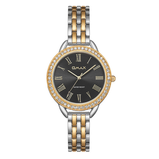 Omax Dual Tone Women’s Watch, Roman Numerals Black Dial, Crystal Bezel, Stainless Steel, Water Resistant