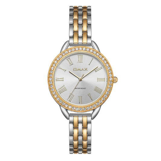 Omax Dual Tone Women’s Watch, Roman Numerals Silver Dial, Crystal Bezel, Stainless Steel, Water Resistant