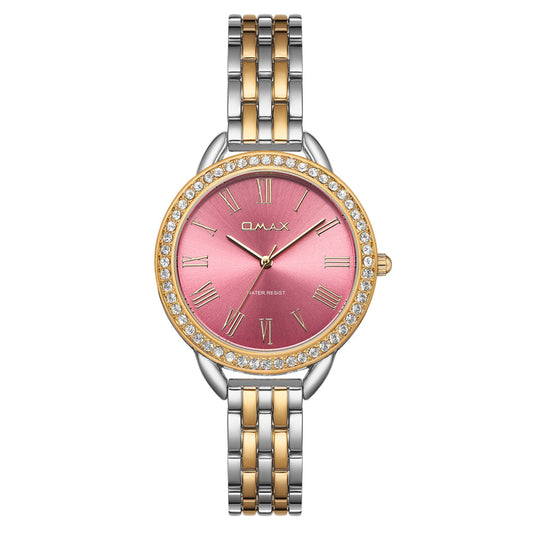 Omax Dual Tone Women’s Watch, Roman Numerals Pink Dial, Crystal Bezel, Stainless Steel, Water Resistant