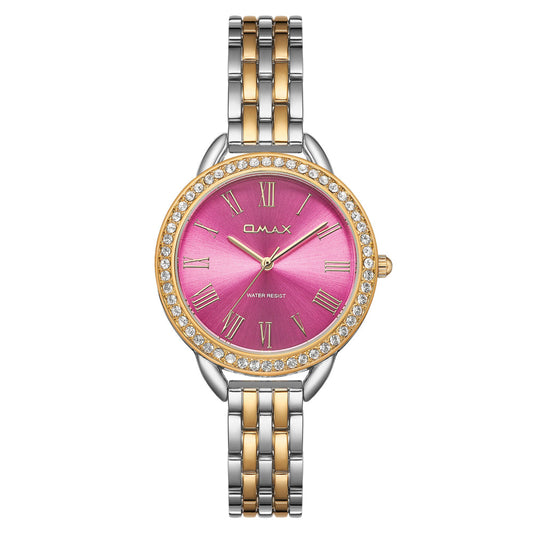 Omax Dual Tone Women’s Watch, Roman Numerals Purple Dial, Crystal Bezel, Stainless Steel, Water Resistant