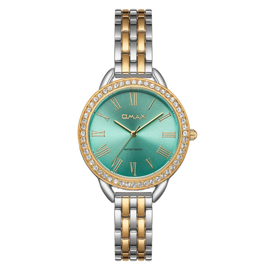 Omax Dual Tone Women’s Watch, Roman Numerals Aqua Dial, Crystal Bezel, Stainless Steel, Water Resistant