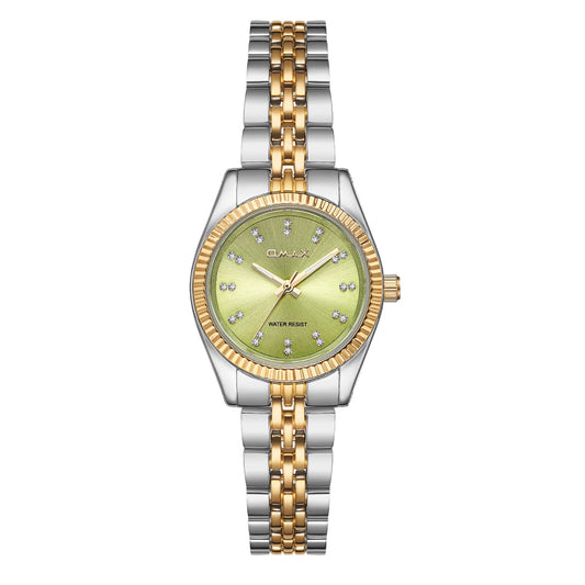 Omax Dual Tone Women’s Watch, Roman Numerals Green Dial, Gold Bezel, Stainless Steel, Water Resistant