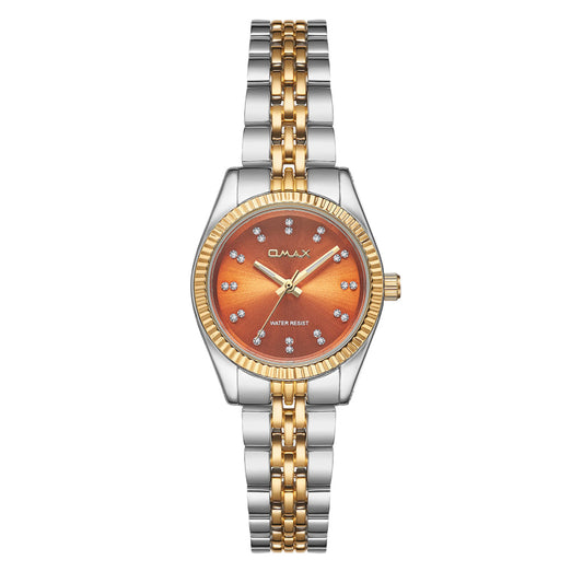 Omax Dual Tone Women’s Watch, Roman Numerals Red Dial, Gold Bezel, Stainless Steel, Water Resistant