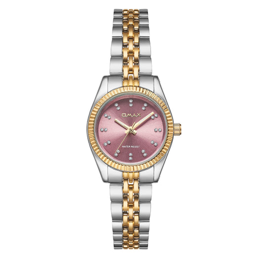 Omax Dual Tone Women’s Watch, Roman Numerals Pink Dial, Gold Bezel, Stainless Steel, Water Resistant
