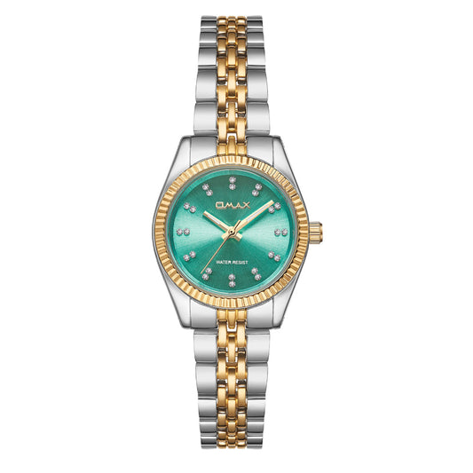 Omax Ultra Slim Women's Watch, Green Dial, Gold Bezel, Stainless Steel, Water Resistant