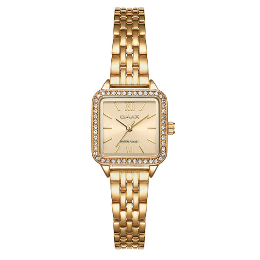 Omax Women’s Watch, Gold Square Dial, Crystal Bezel, Elegant Design, Stainless Steel, Waterproof