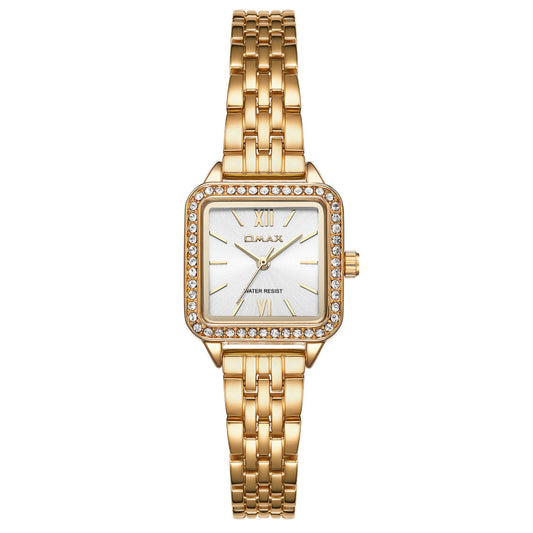 Omax Women’s Watch, White Square Dial, Crystal Bezel, Elegant Design, Stainless Steel, Waterproof