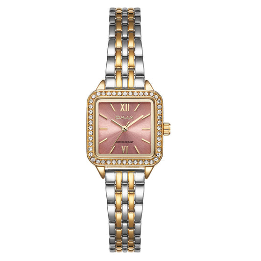 Omax Women’s Watch, Pink Square Dial, Crystal Bezel, Silver Stainless Steel, Waterproof