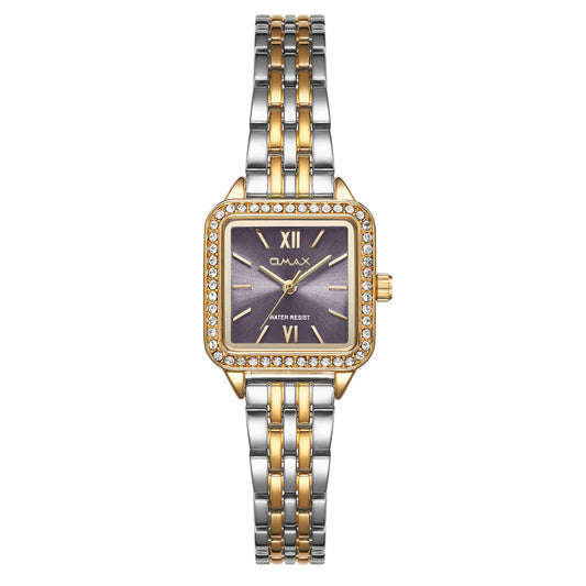 Omax Women’s Watch, Grey Square Dial, Crystal Bezel, Silver Stainless Steel, Waterproof