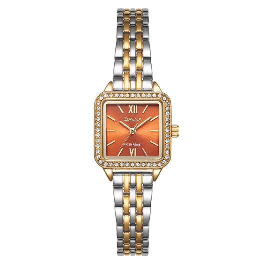 Omax Women’s Watch, Orange Square Dial, Crystal Bezel, Silver Stainless Steel, Waterproof