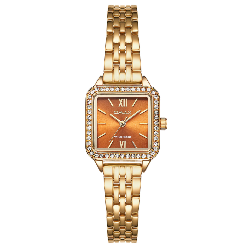Omax Gold Women’s Watch, Orange Square Dial, Crystal Bezel, Elegant Design, Stainless Steel, Waterproof