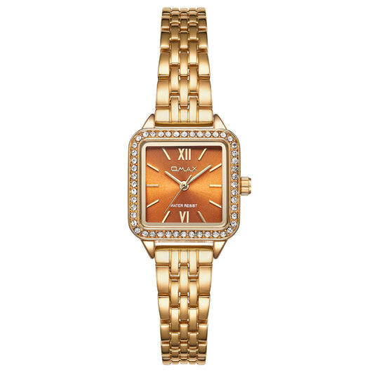 Omax Gold Women’s Watch, Orange Square Dial, Crystal Bezel, Elegant Design, Stainless Steel, Waterproof