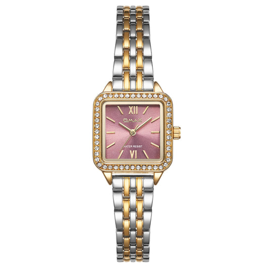 Omax Women’s Watch, Purple Square Dial, Crystal Bezel, Silver Stainless Steel, Waterproof