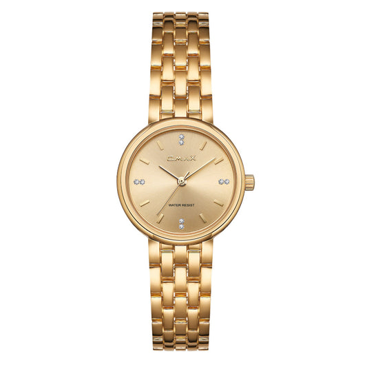 Omax Gold Women’s Watch, Round Dial, Crystal Bezel, Elegant Design, Stainless Steel, Waterproof