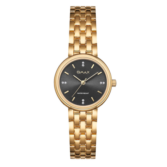 Omax Gold Women’s Watch, Black Round Dial, Crystal Bezel, Elegant Design, Stainless Steel, Waterproof