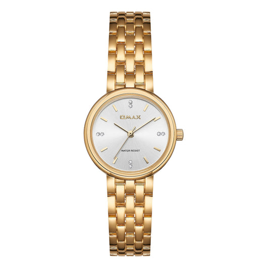 Omax Gold Women’s Watch, White Round Dial, Crystal Bezel, Elegant Design, Stainless Steel, Waterproof