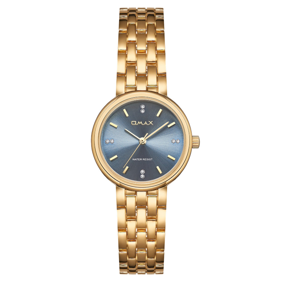 Omax Gold Women’s Watch, Grey Round Dial, Crystal Bezel, Elegant Design, Stainless Steel, Waterproof