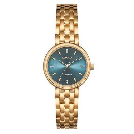 Omax Gold Women’s Watch, Rich Teal Round Dial, Crystal Bezel, Elegant Design, Stainless Steel, Waterproof
