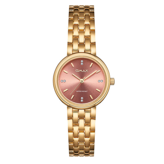 Omax Gold Women’s Watch, Red Round Dial, Crystal Bezel, Elegant Design, Stainless Steel, Waterproof