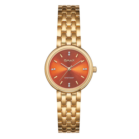 Omax Gold Women’s Watch, Orange Round Dial, Crystal Bezel, Elegant Design, Stainless Steel, Waterproof