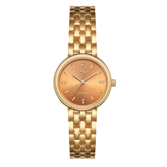 Omax Gold Women’s Watch, Yellow Round Dial, Crystal Bezel, Elegant Design, Stainless Steel, Waterproof