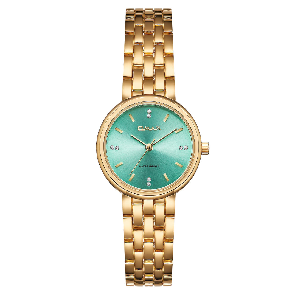 Omax Gold Women’s Watch, Turquoise Round Dial, Crystal Bezel, Elegant Design, Stainless Steel, Waterproof