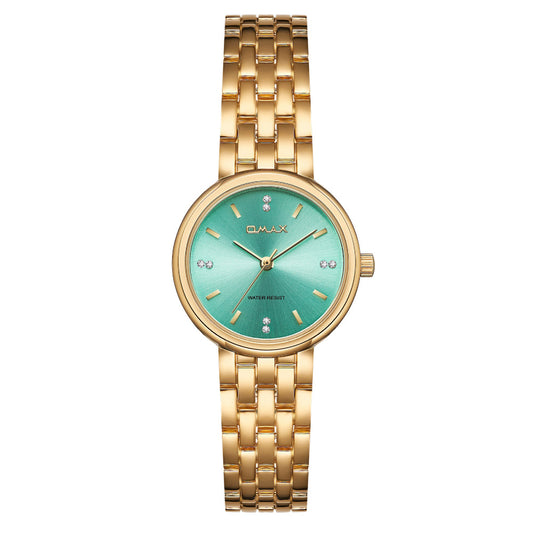 Omax Gold Women’s Watch, Turquoise Round Dial, Crystal Bezel, Elegant Design, Stainless Steel, Waterproof